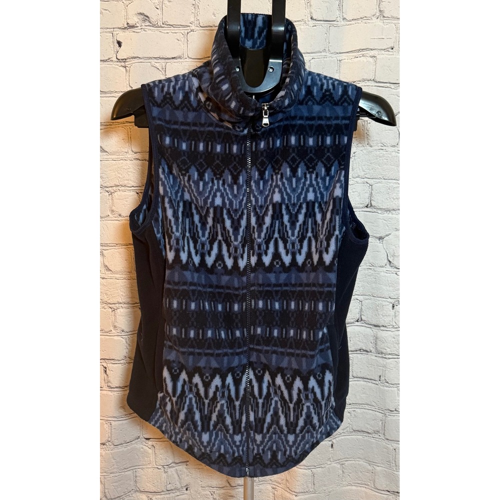 Chaps Womens Blue Ikat Geometric Fleece Full‎ Zip Vest Mock Neck Large